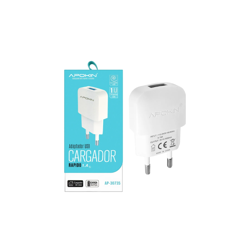 Cargador adaptador red pared USB 1A Blanco modelo AP-30735 compatible con Samsung Xiaomi Huawei etc