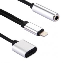 Cable adaptador compatible Lightning a Jack 3.5 mm + Lightning hembra ⋆ Para iPhone y iPad ⋆ Longitud 10 cm ⋆ Color gris