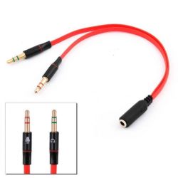 Cable adaptador jack 3.5mm hembra a doble jack 3,5mm macho para auriculares y micrófono color rojo
