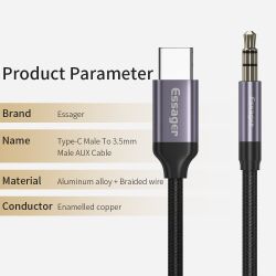 Cable adaptador jack 3.5mm macho a tipo C macho trenzado para auriculares y audio de 1 metro color negro gris