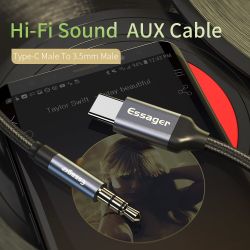 Cable adaptador jack 3.5mm macho a tipo C macho trenzado para auriculares y audio de 1 metro color negro gris