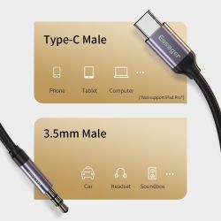 Cable adaptador jack 3.5mm macho a tipo C macho trenzado para auriculares y audio de 1 metro color negro gris