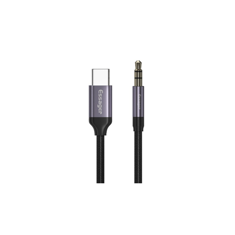 Cable adaptador jack 3.5mm macho a tipo C macho trenzado para auriculares y audio de 1 metro color negro gris