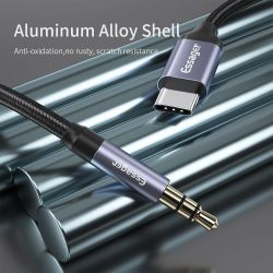 Cable adaptador jack 3.5mm macho a tipo C macho trenzado para auriculares y audio de 1 metro color negro gris