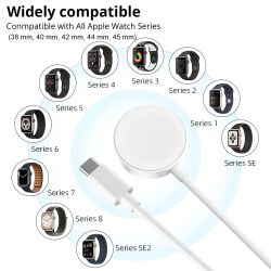 Cable cargador compatible con APPLE WATCH 1 2 3 4 5 6 SE 7 8 conector tipo C - Carga rápida - Base magnética inalámbrica