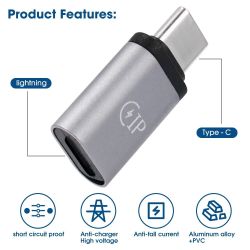 Adaptador compatible conector Apple lightning hembra a Tipo C USB-C macho Gris oscuro - iPhone iPad etc...