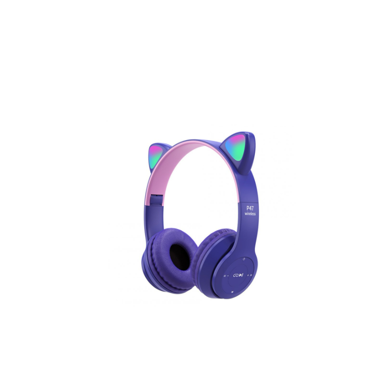 Auriculares Bluetooth 5.0 inalámbricos con orejas de gato LED ⋆ P47M ⋆ Color morado ⋆ Cascos plegables divertidos 🎧🐱💜