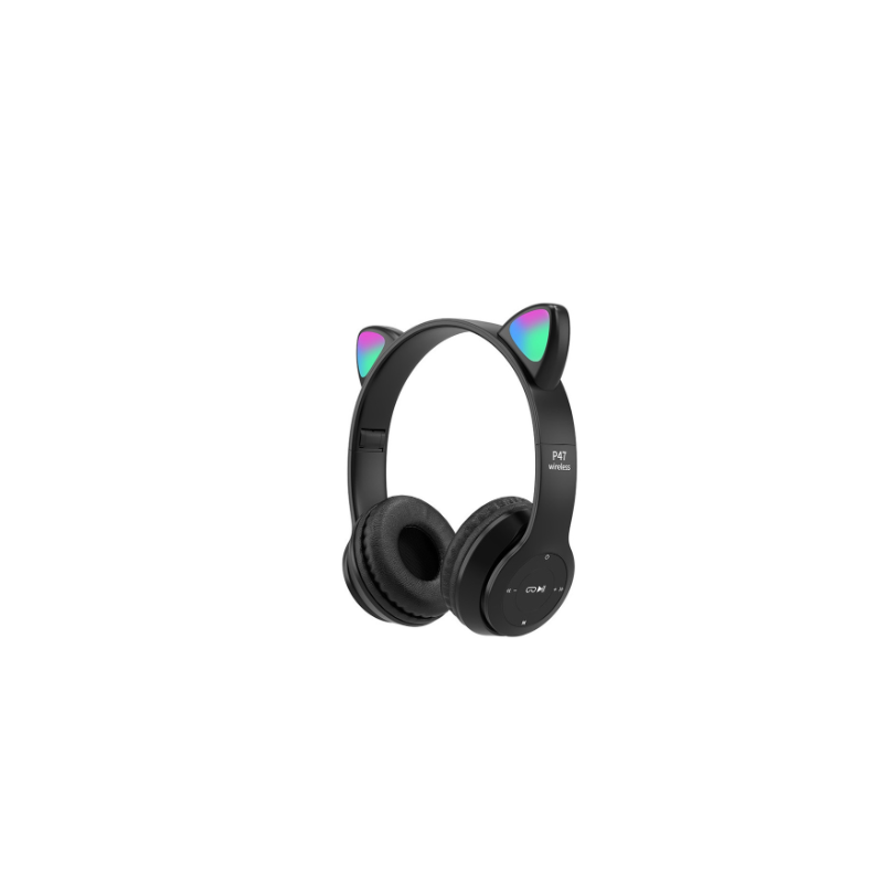 Auriculares bluetooth 5.0 cascos inalámbricos luces LED Orejas de gato P47 Negro