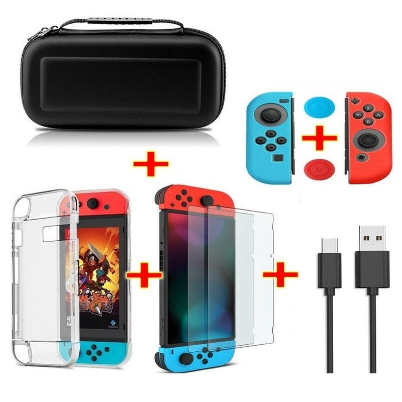 6 en 1 para NINTENDO SWITCH Funda + Carcasa transparente + 2 Protectores pantalla + Cable + 2 tapas + 2 pulgares