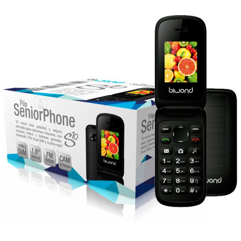 BIWOND S10 Teléfono móvil dual Sim cámara bluetooth radio FM Flip Seniorphone personas mayores Teclas grandes - Negro