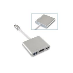 Adaptador tipo C macho / HDMI hembra, USB 3.0 hembra y USB C hembra PD 100W Plata