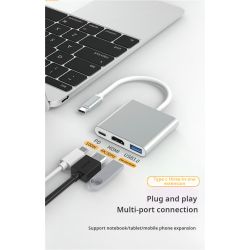 Adaptador 3 en 1 USB-C a HDMI + USB 3.0 + Carga – Compatible con Samsung, Huawei, Xiaomi, MacBook, Portátiles