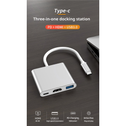Adaptador 3 en 1 USB-C a HDMI + USB 3.0 + Carga – Compatible con Samsung, Huawei, Xiaomi, MacBook, Portátiles
