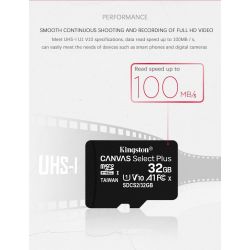 KINGSTON Canvas Select Plus Tarjeta de memoria Micro SD con adaptador 32 GB Clase 10 TF SDCS2 U1 V10 A1