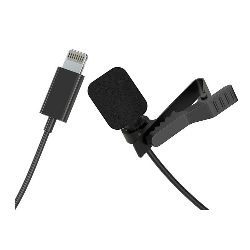 Micrófono conector 3.5 mm + adaptador Lightning ⋆ Micrófono de solapa con pinza ⋆ Cable de 3 m ⋆ Compatible iPhone y más