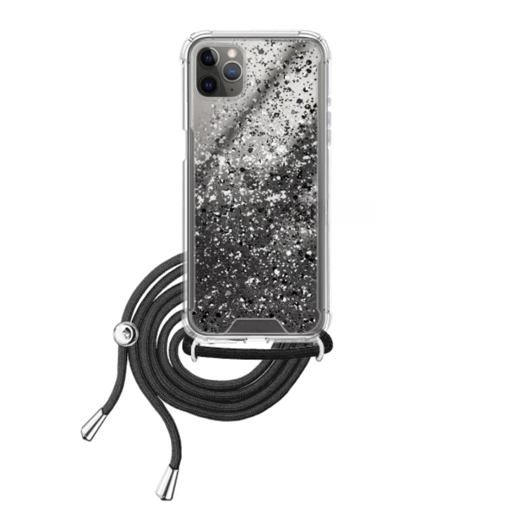 Funda compatible con IPHONE 11 PRO Silicona con cordón cuerda Transparente reforzada Brillantina - Negro