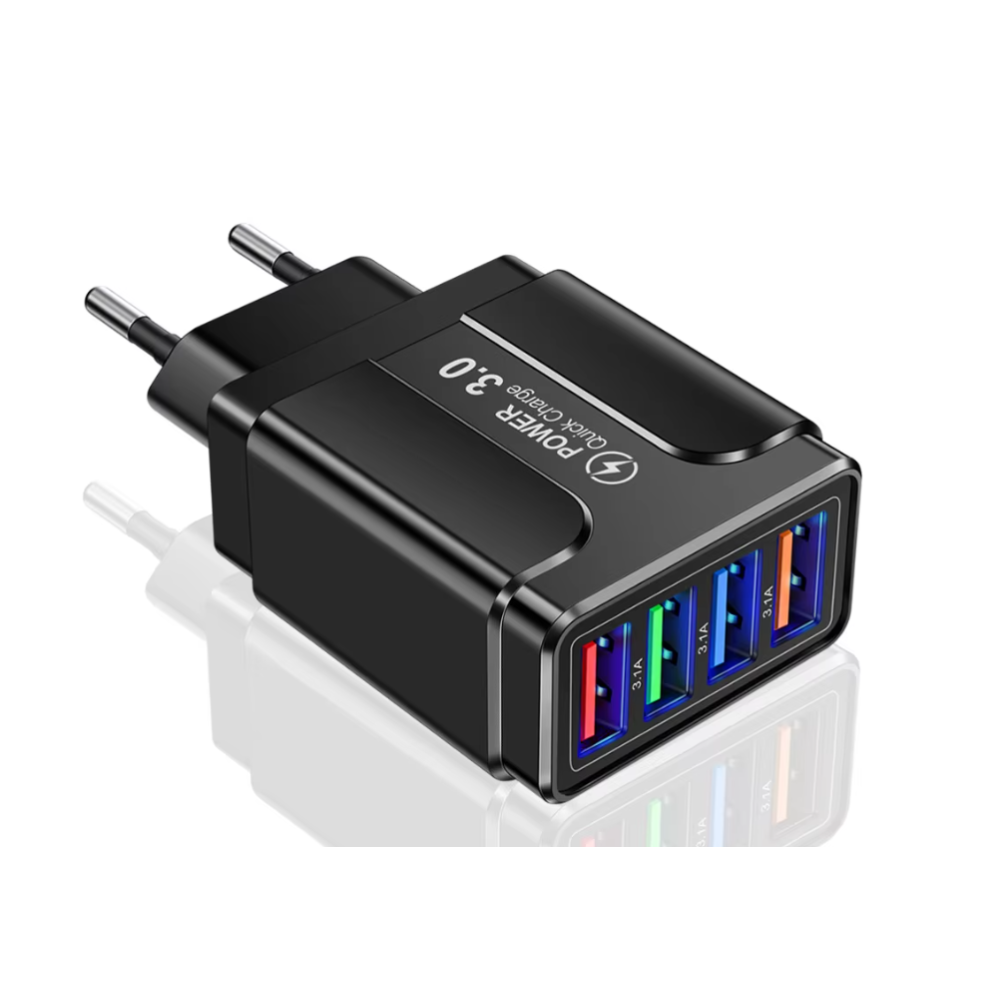 Cargador de pared universal 4 puertos USB ⋆ Carga rápida QC 3.0 ⋆ 5V/6A ⋆ Compatible con Apple, Samsung, Xiaomi y más ⋆ Negro