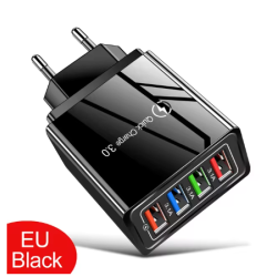 Cargador de pared universal 4 puertos USB ⋆ Carga rápida QC 3.0 ⋆ 5V/6A ⋆ Compatible con iPhone, Samsung, Xiaomi y más ⋆ Negro