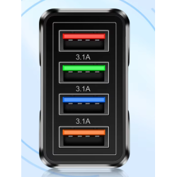 Cargador de pared universal 4 puertos USB ⋆ Carga rápida QC 3.0 ⋆ 5V/6A ⋆ Compatible con iPhone, Samsung, Xiaomi y más ⋆ Negro