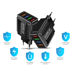 Cargador de pared universal 4 puertos USB ⋆ Carga rápida QC 3.0 ⋆ 5V/6A ⋆ Compatible con Apple, Samsung, Xiaomi y más ⋆ Negro