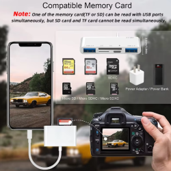 Adaptador 4 en 1 compatible con iPhone iPad lightning - OTG, lector tarjetas TF, SD y carga IOS