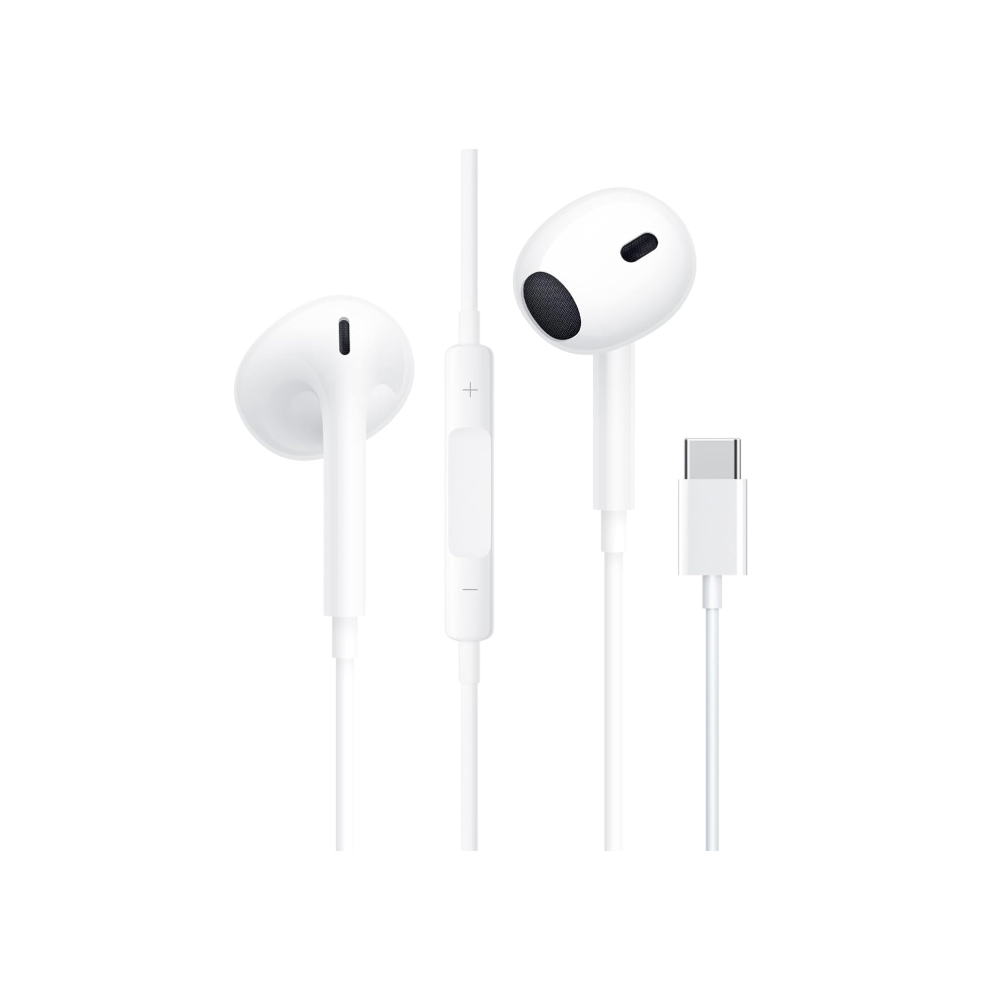 Auriculares manos libres con cable 1.2m conector USB-C tipo C Micrófono control de volumen Blanco