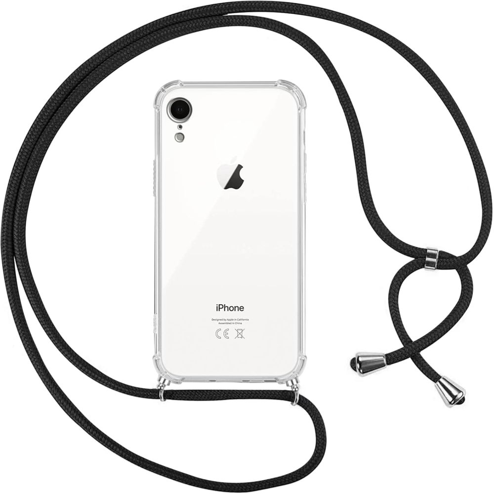 Funda compatible con IPHONE XR Silicona transparente esquinas reforzadas con cordón cuerda Negro