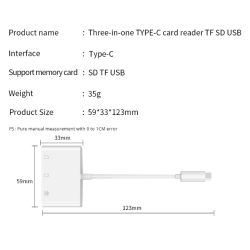 Adaptador 3 en 1 lector de tarjetas memoria SD micro SD y OTG USB hembra Ratón cámara iPhone smartphone Tipo C Negro