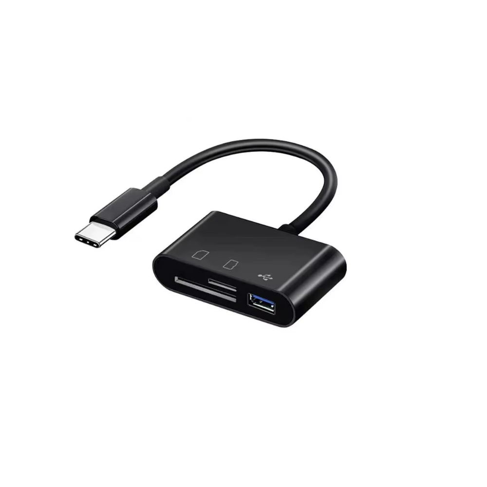 Adaptador 3 en 1 lector de tarjetas memoria SD micro SD y OTG USB hembra Ratón cámara iPhone smartphone Tipo C Negro