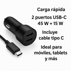 Cargador de coche doble USB-C 45W + 15W Carga Rápida ⋆ Incluye cable tipo C ⋆ Carga rápida para dispositivos móviles