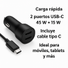 Cargador de coche doble USB-C 45W + 15W Carga Rápida ⋆ Incluye cable tipo C ⋆ Carga rápida para dispositivos móviles