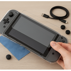 6 en 1 para NINTENDO SWITCH Funda + Carcasa transparente + 2 Protectores pantalla + Cable + 2 tapas + 2 pulgares