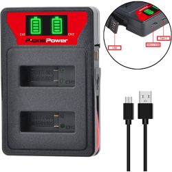 Cargador para 2 baterías GoPro HERO 5 / 6 / 7 ⋆ LED Smart USB Dual Charger ⋆ Input 5V 2A ⋆ Output 4.2V 600mA ⋆ CE, FCC, RoHS