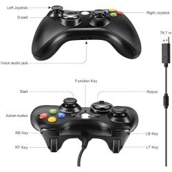 Mando compatible con XBOX 360 y PC * Con cable USB * Negro controlador joystick joypad