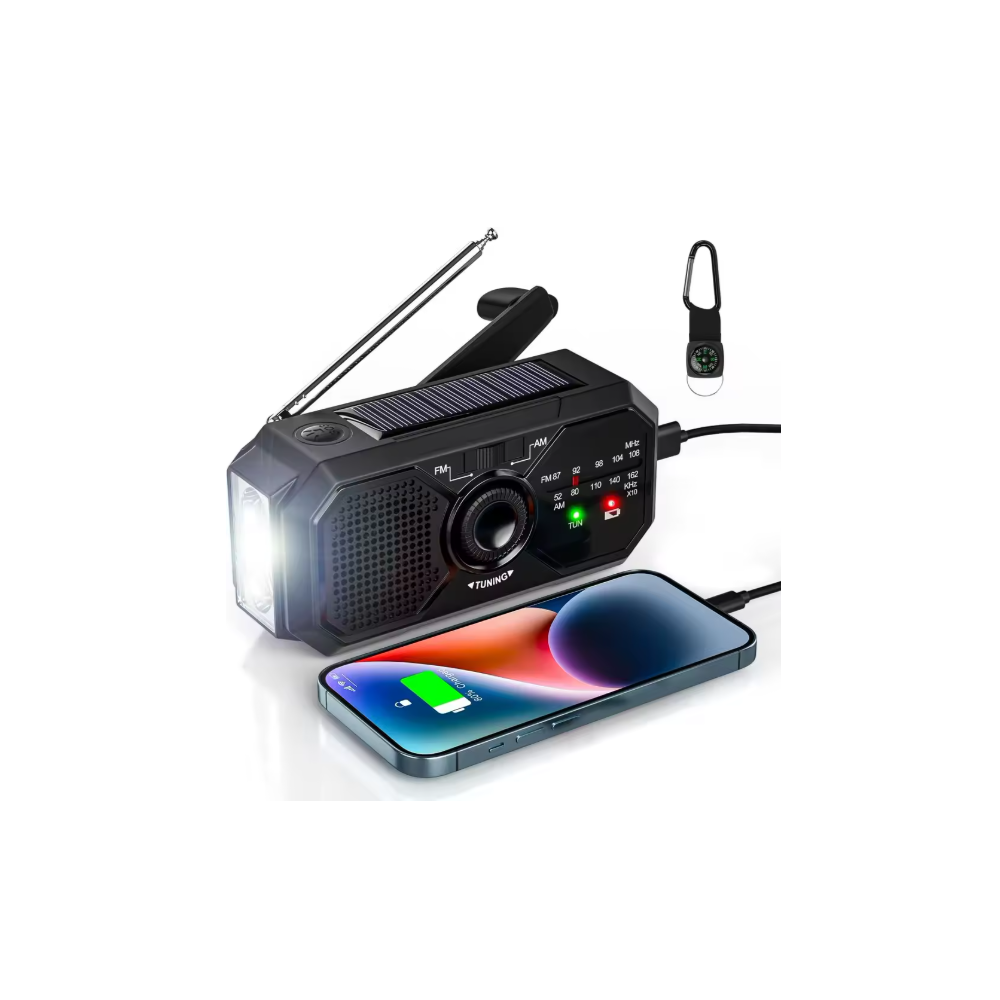Radio solar portátil de emergencia ⋆ modelo 366 ⋆ AM/FM ⋆ manivela + carga solar + USB ⋆ linterna LED y powerbank