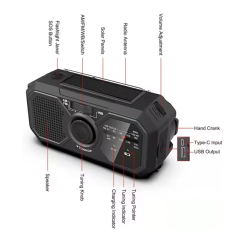Radio solar portátil de emergencia ⋆ modelo 366 ⋆ AM/FM ⋆ manivela + carga solar + USB ⋆ linterna LED y powerbank