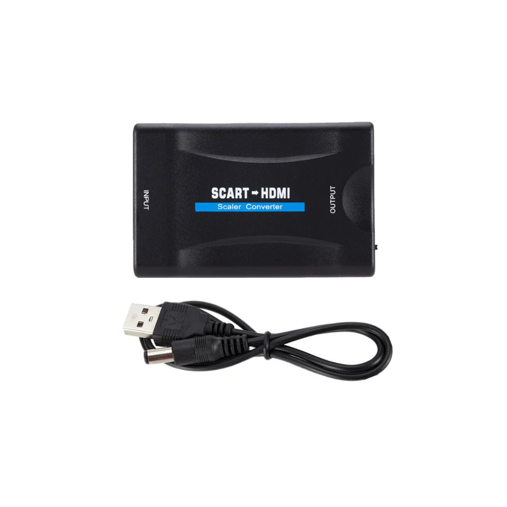 Convertidor SCART a HDMI 1080P ⋆ Adaptador de audio y vídeo Plug & Play para TV / DVD / Sky Box / STB ⋆ Negro compacto