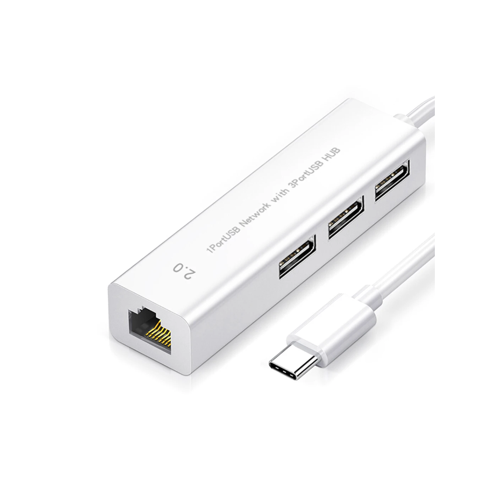 Adaptador USB-C a RJ45 + HUB 3 USB ⋆ 4 en 1 Tipo C a Ethernet y 3 puertos USB 2.0 ⋆ Compatible PC y portátil ⋆ Blanco
