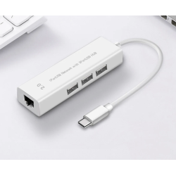 Adaptador USB-C a RJ45 + HUB 3 USB ⋆ 4 en 1 Tipo C a Ethernet y 3 puertos USB 2.0 ⋆ Compatible PC y portátil ⋆ Blanco