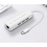 Adaptador USB-C a RJ45 + HUB 3 USB ⋆ 4 en 1 Tipo C a Ethernet y 3 puertos USB 2.0 ⋆ Compatible PC y portátil ⋆ Blanco