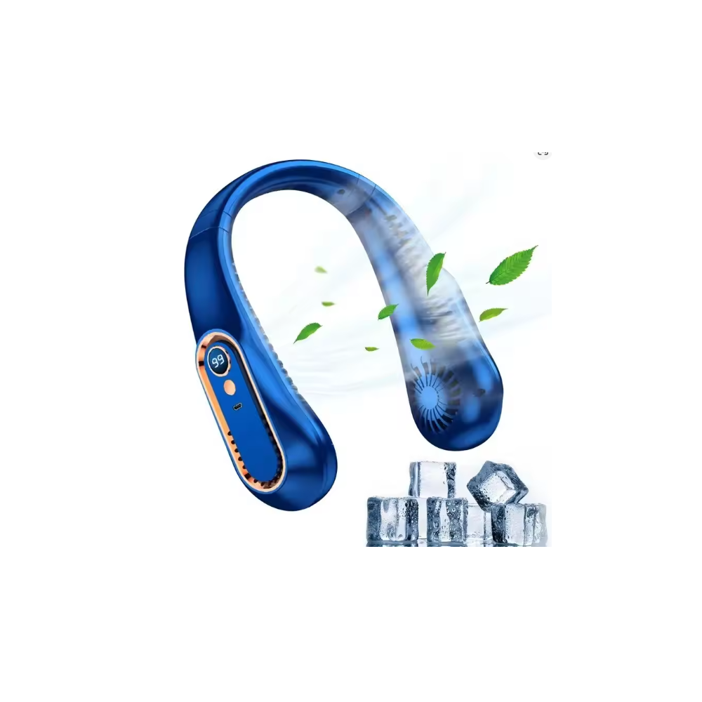Ventilador sin aspas para cuello ⋆ Mini ventilador portátil silencioso USB ⋆ 5 velocidades ⋆ Pantalla digital ⋆ Azul