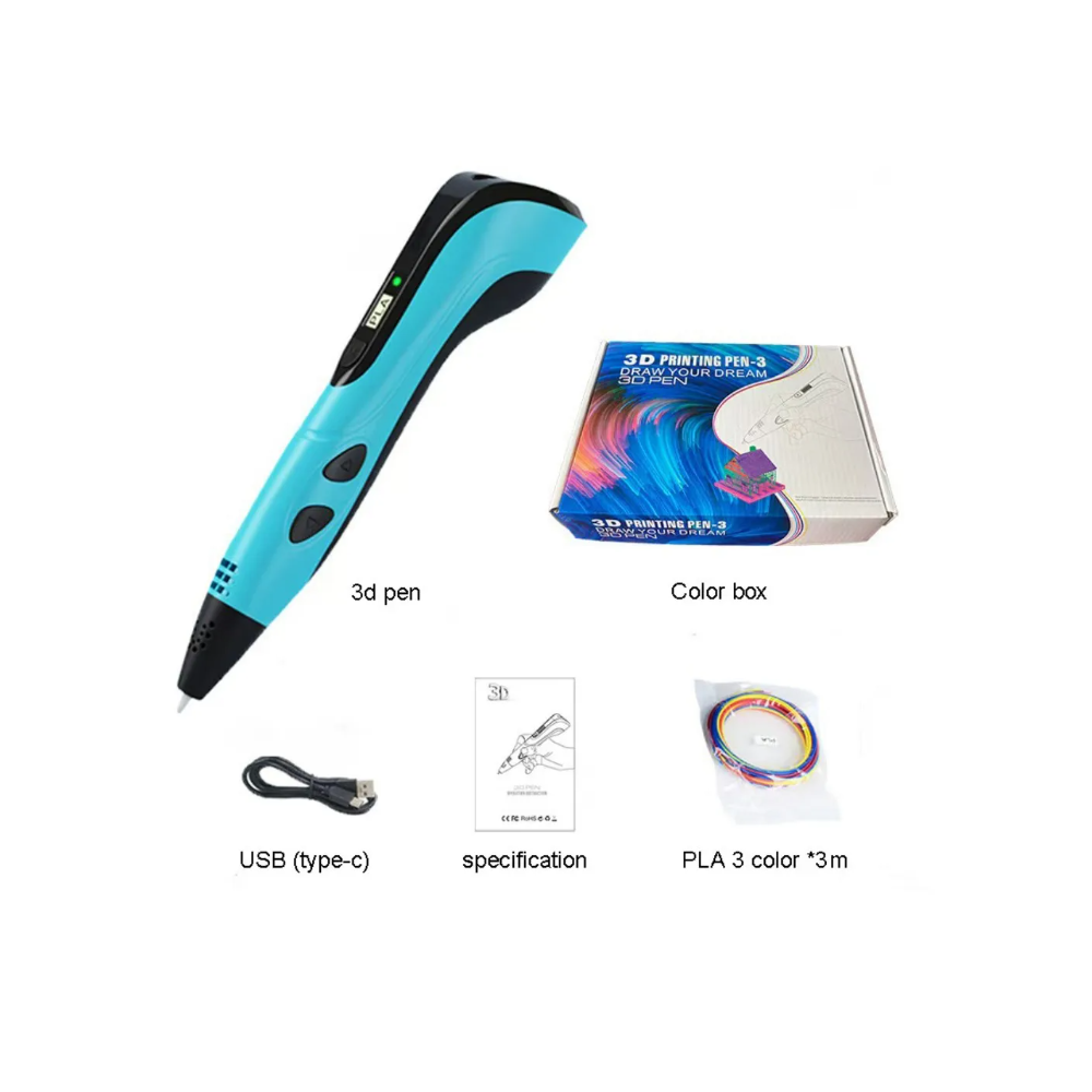 Bolígrafo 3D recargable por USB tipo C Azul y negro + Filamentos PLA + Soporte + Cable ⋆ Juguete creativo para niños
