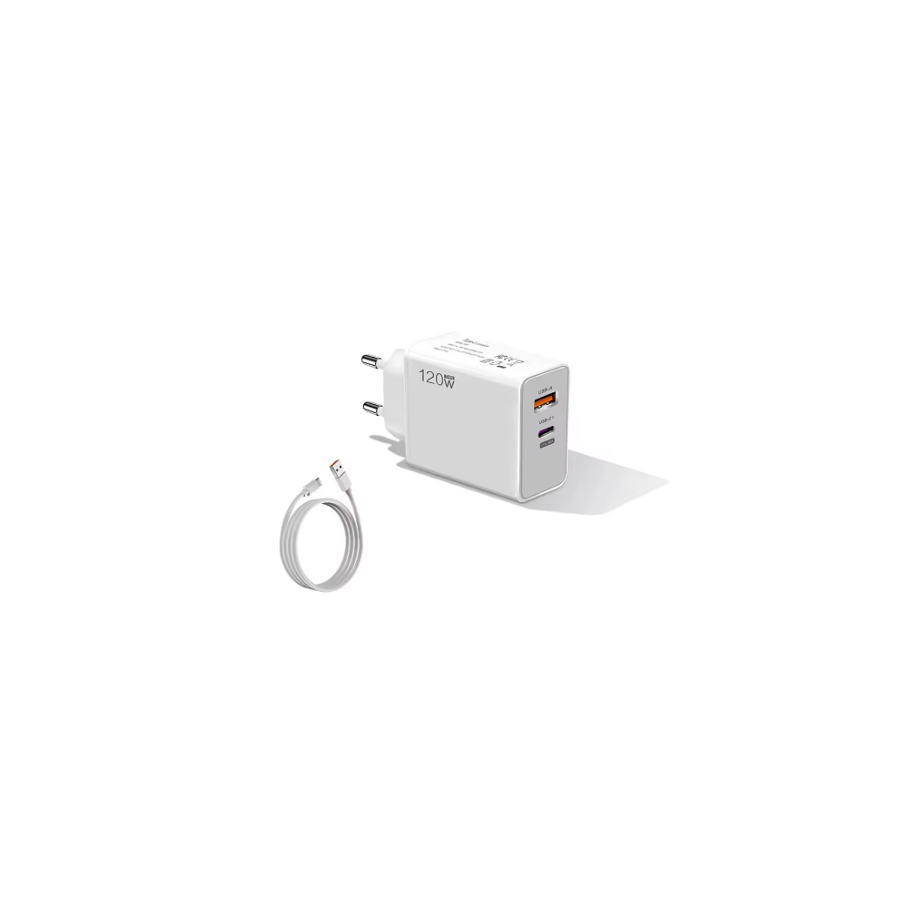 Cargador rápido 120W blanco ⋆ 1 puerto USB + 1 puerto USB-C ⋆ Incluye cable USB a USB-C blanco 1 m ⋆ ENVÍO DESDE ESPAÑA