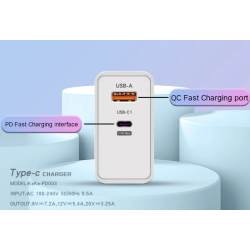 Cargador rápido 120W blanco ⋆ 1 puerto USB + 1 puerto USB-C ⋆ Incluye cable USB a USB-C blanco 1 m ⋆ ENVÍO DESDE ESPAÑA