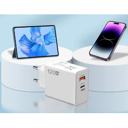 Cargador rápido 120W blanco ⋆ 1 puerto USB + 1 puerto USB-C ⋆ Incluye cable USB a USB-C blanco 1 m ⋆ ENVÍO DESDE ESPAÑA