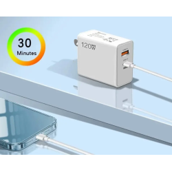 Cargador rápido 120W blanco ⋆ 1 puerto USB + 1 puerto USB-C ⋆ Incluye cable USB a USB-C blanco 1 m ⋆ ENVÍO DESDE ESPAÑA