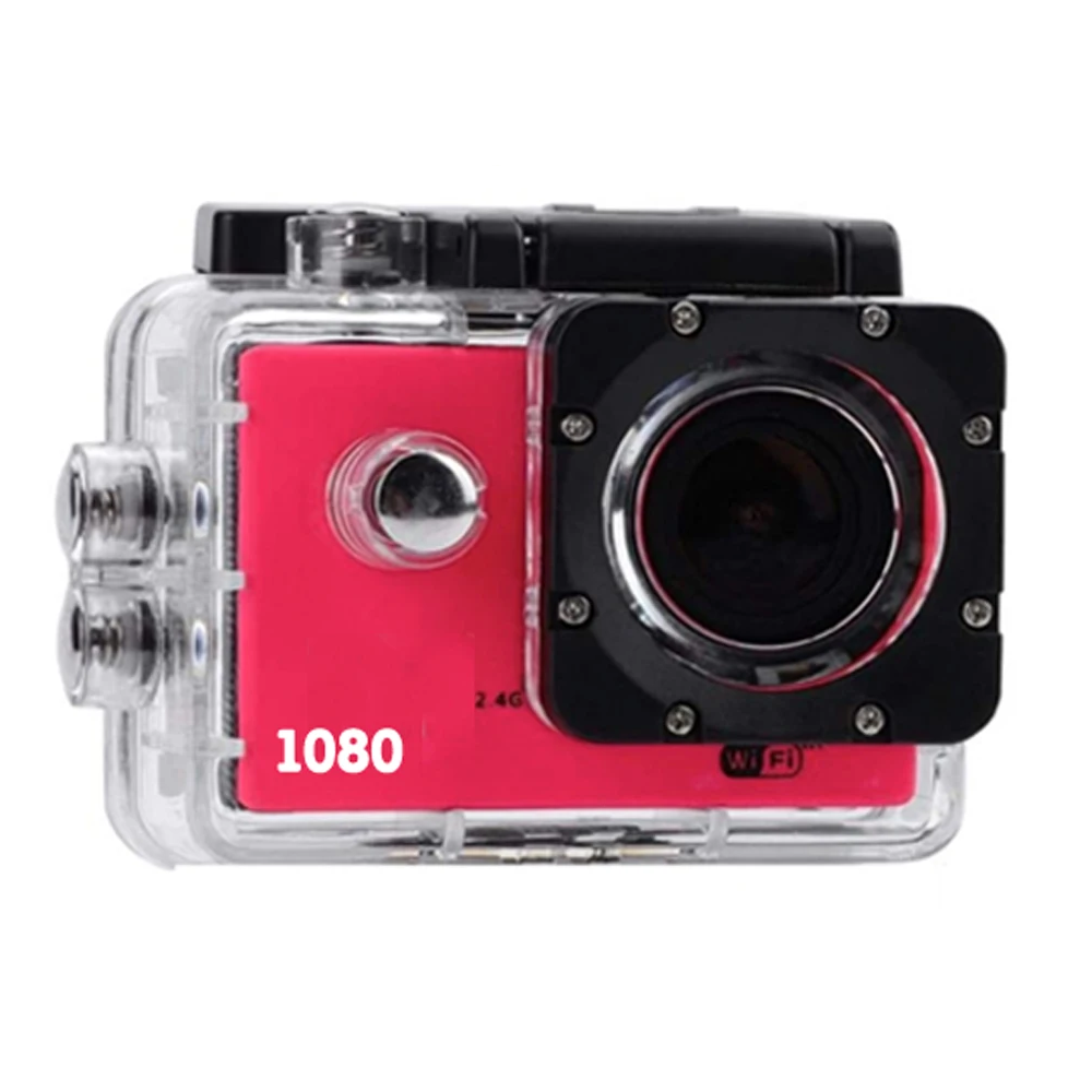 Cámara deportiva HD 1080P fucsia ⋆ Acuática sumergible 30M ⋆ Gran angular 140° ⋆ Pantalla LCD 2”