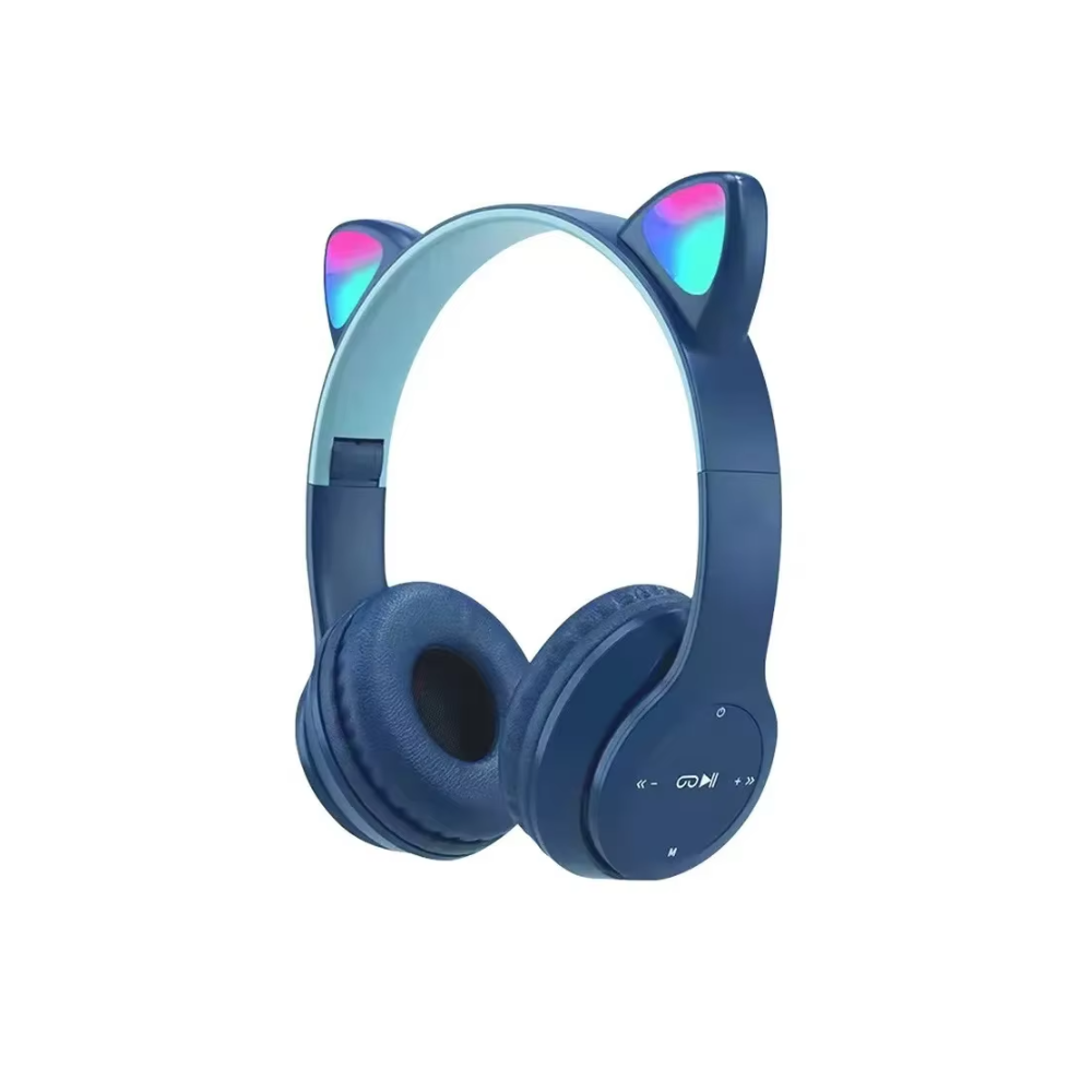 Auriculares bluetooth 5.0 cascos inalámbricos luces LED Orejas de gato P47M Azul oscuro