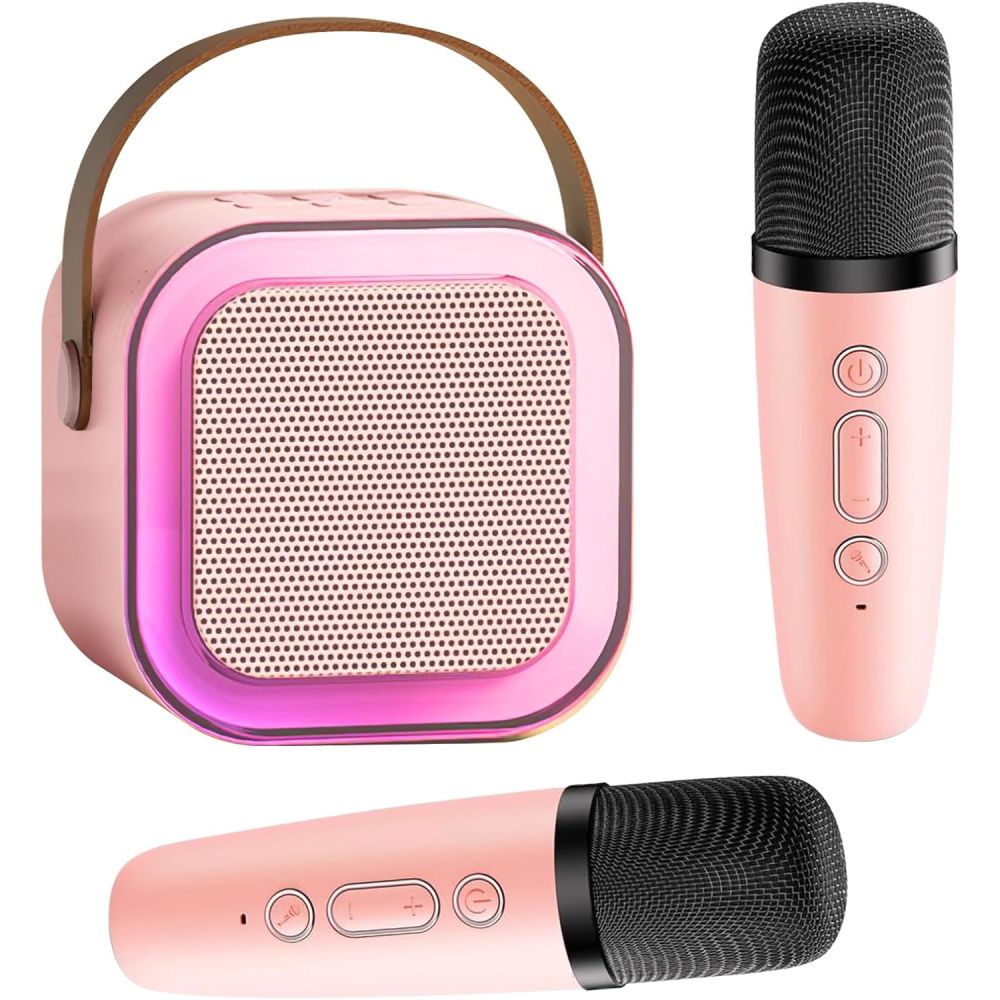 Mini karaoke rosa ⋆ 2 micrófonos ⋆ Bluetooth 5.0 ⋆ Luces LED ⋆ Efectos de voz ⋆ Niños fiestas navidad Envío desde España