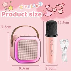 Mini karaoke rosa ⋆ 2 micrófonos ⋆ Bluetooth 5.0 ⋆ Luces LED ⋆ Efectos de voz ⋆ Niños fiestas navidad Envío desde España